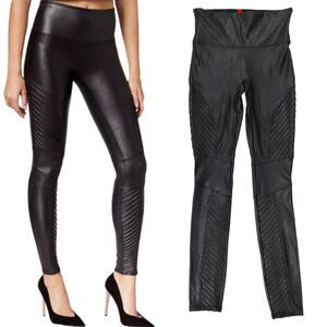 Spanx Moto Leggings Womens Small Black High Waist Faux Leather Pintucked Stretch